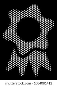 Pixelated white award icon on a black background. Vector halftone mosaic of award symbol combined with round pixels.