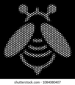Pixelated white bee icon on a black background. Vector halftone composition of bee pictogram constructed from circle items.