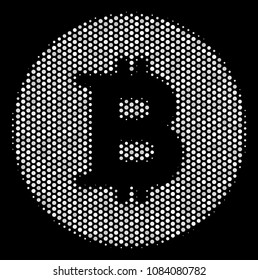 Pixelated white Bitcoin coin icon on a black background. Vector halftone concept of Bitcoin coin icon combined with spheric elements.