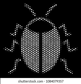 Pixelated white bug icon on a black background. Vector halftone mosaic of bug pictogram constructed of spheric dots.