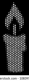 Pixelated white candle icon on a black background. Vector halftone pattern of candle symbol created with circle dots.