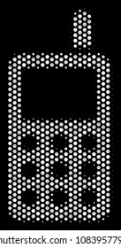 Pixelated white cell phone icon on a black background. Vector halftone collage of cell phone symbol made of circle dots.