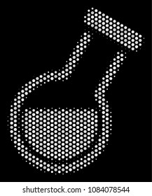 Pixelated white chemistry tube icon on a black background. Vector halftone concept of chemistry tube pictogram designed from spheric dots.