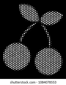 Pixelated white cherry icon on a black background. Vector halftone collage of cherry pictogram combined from circle elements.