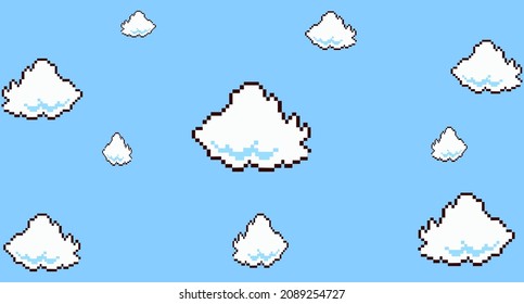 Pixelated white clouds. Blue sky with eight-bit clouds on it. Game background. Vector illustration 