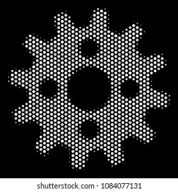 Pixelated white cogwheel icon on a black background. Vector halftone concept of cogwheel pictogram constructed of circle elements.