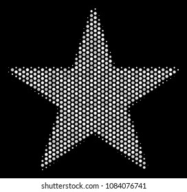 Pixelated white confetti star icon on a black background. Vector halftone composition of confetti star symbol organized from round dots.