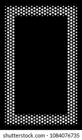 Pixelated white contour rectangle icon on a black background. Vector halftone composition of contour rectangle pictogram constructed of spheric points.