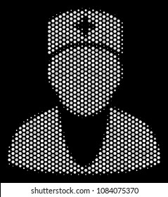 Pixelated white doctor icon on a black background. Vector halftone illustration of doctor symbol combined from round items.