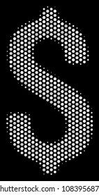 Pixelated white dollar icon on a black background. Vector halftone collage of dollar pictogram formed of round elements.