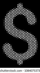 Pixelated white dollar icon on a black background. Vector halftone collage of dollar icon combined from circle points.