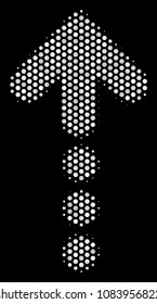 Pixelated white dotted arrow icon on a black background. Vector halftone illustration of dotted arrow pictogram formed with spheric elements.
