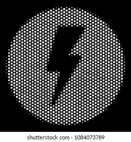 Pixelated white electricity icon on a black background. Vector halftone mosaic of electricity pictogram organized of circle items.