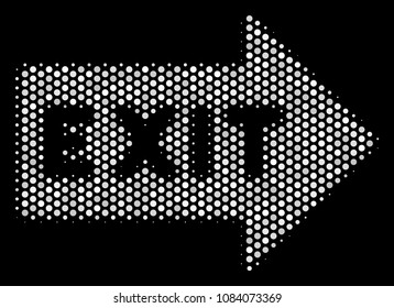Pixelated white exit arrow icon on a black background. Vector halftone composition of exit arrow symbol formed with spheric pixels.