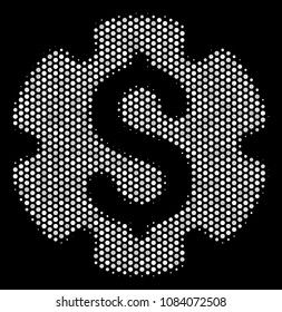 Pixelated white financial settings gear icon on a black background. Vector halftone concept of financial settings gear icon combined of circle elements.