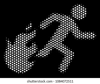 Pixelated white fired running man icon on a black background. Vector halftone mosaic of fired running man pictogram organized of circle elements.