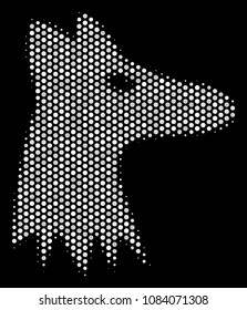 Pixelated white fox head icon on a black background. Vector halftone mosaic of fox head icon organized from round dots.