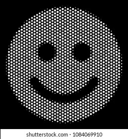 Pixelated white glad smile icon on a black background. Vector halftone collage of glad smile pictogram designed from circle points.