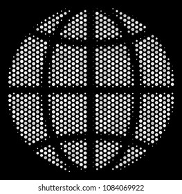 Pixelated white globe icon on a black background. Vector halftone pattern of globe symbol organized of spheric points.