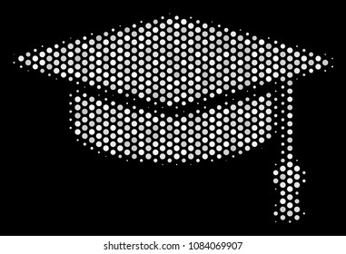 Pixelated white graduation cap icon on a black background. Vector halftone illustration of graduation cap pictogram formed with round points.