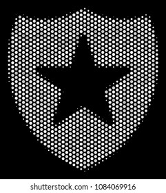 Pixelated white guard icon on a black background. Vector halftone illustration of guard icon designed with round elements.