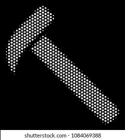 Pixelated white hammer icon on a black background. Vector halftone mosaic of hammer pictogram formed of circle pixels.