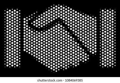 Pixelated white handshake icon on a black background. Vector halftone illustration of handshake pictogram done of circle dots.