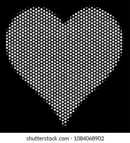 Pixelated white hearts suit icon on a black background. Vector halftone pattern of hearts suit pictogram done from round pixels.