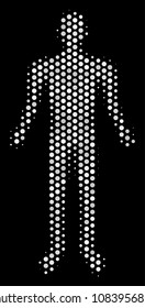 Pixelated white human icon on a black background. Vector halftone collage of human icon designed from spheric elements.