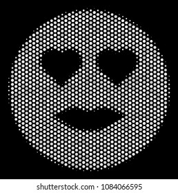 Pixelated white lady love smiley icon on a black background. Vector halftone pattern of lady love smiley pictogram combined from circle elements.