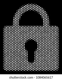 Pixelated white lock icon on a black background. Vector halftone collage of lock symbol composed with round items.