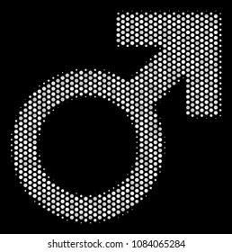 Pixelated white Mars symbol icon on a black background. Vector halftone collage of Mars symbol pictogram constructed from circle points.