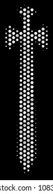 Pixelated white medieval sword icon on a black background. Vector halftone composition of medieval sword icon done from circle points.