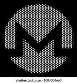 Pixelated white Monero currency icon on a black background. Vector halftone collage of Monero currency icon formed with round elements.