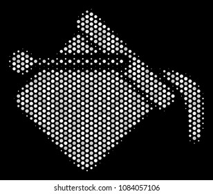 Pixelated white paint bucket icon on a black background. Vector halftone concept of paint bucket symbol made from spheric dots.