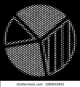 Pixelated white pie chart icon on a black background. Vector halftone composition of pie chart icon constructed with round dots.