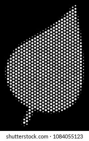 Pixelated white plant leaf icon on a black background. Vector halftone mosaic of plant leaf pictogram composed with circle elements.