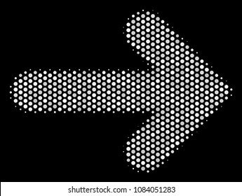 Pixelated white right arrow icon on a black background. Vector halftone mosaic of right arrow pictogram composed with circle points.
