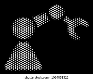 Pixelated white robotics manipulator icon on a black background. Vector halftone collage of robotics manipulator symbol combined from circle pixels.