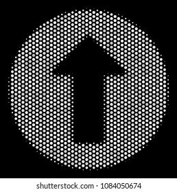 Pixelated white rounded arrow icon on a black background. Vector halftone composition of rounded arrow icon designed from round elements.