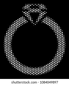 Pixelated white ruby ring icon on a black background. Vector halftone illustration of ruby ring icon made of round points.