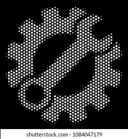 Pixelated white service tools icon on a black background. Vector halftone collage of service tools pictogram designed from spheric items.