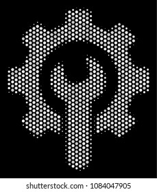 Pixelated white service tools icon on a black background. Vector halftone pattern of service tools icon created from round dots.