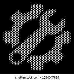 Pixelated white service tools icon on a black background. Vector halftone collage of service tools icon designed with circle elements.