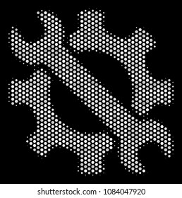 Pixelated white service tools icon on a black background. Vector halftone pattern of service tools pictogram formed with round dots.