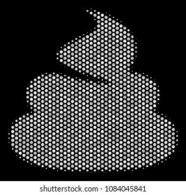Pixelated white shit icon on a black background. Vector halftone pattern of shit symbol constructed from circle dots.