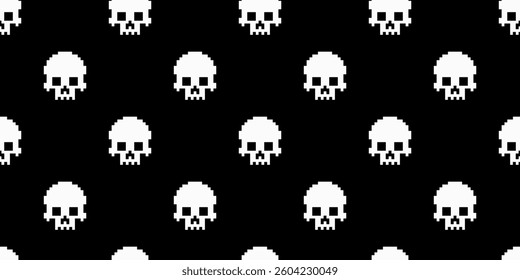 Pixelated white skull seamless pattern on black background in 8 bit retro style. Nostalgic gaming and cyber aesthetic, perfect for digital art, wallpapers, and Halloween designs. Vector illustration.