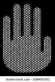 Pixelated white stop hand icon on a black background. Vector halftone composition of stop hand pictogram formed from round points.