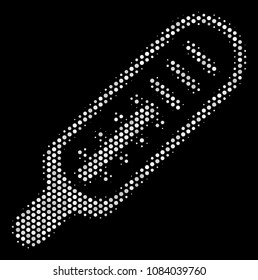 Pixelated white thermometer icon on a black background. Vector halftone concept of thermometer pictogram constructed of round dots.