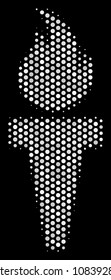 Pixelated white torch fire icon on a black background. Vector halftone concept of torch fire icon combined of round points.